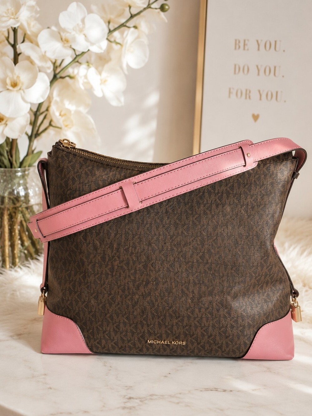 Michael Kors Brown & Pink Signature Shoulder Bag | Large MK Tote Purse